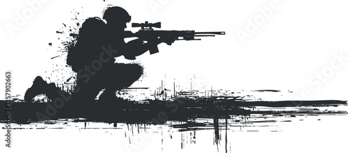 Silhouette of a sniper soldier crouching with rifle in abstract art style.