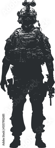 Silhouette of a soldier in tactical gear and helmet holding a rifle.