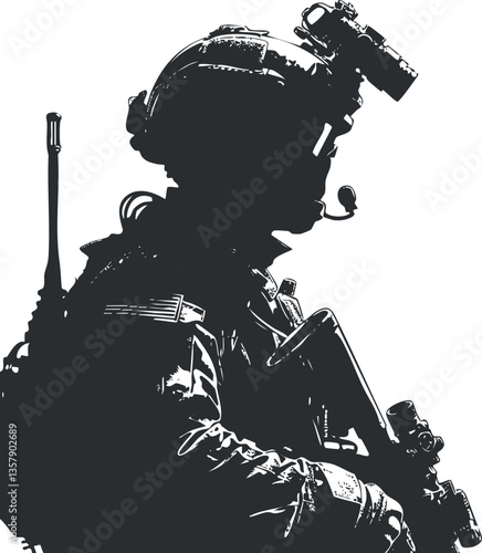 Silhouette of a soldier with night vision gear and rifle.