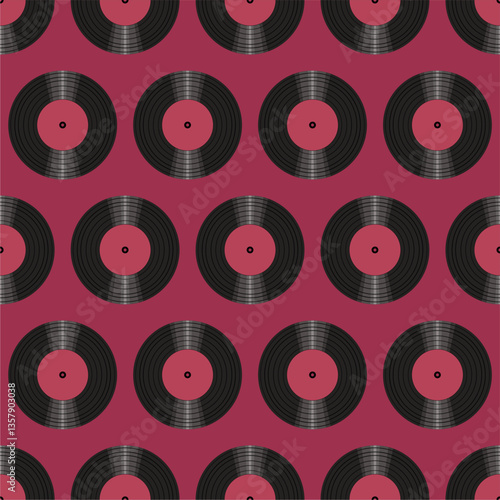 Seamless pattern print wallpaper with vinyl record discs music illustration vector retro style 60s, 70s, 80s, design art background for paper, textile, pack etc.