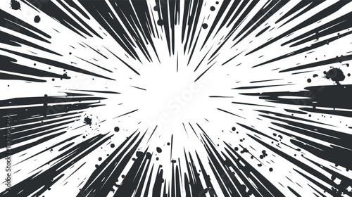 Dynamic comic-style explosion with radial black and white lines.