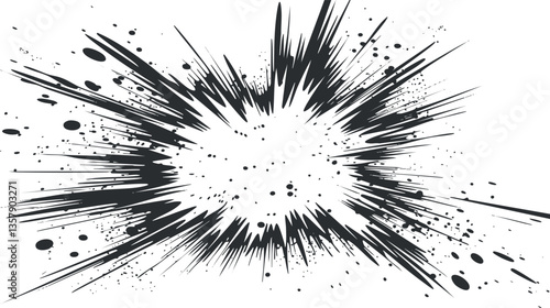 Dynamic black and white comic-style explosion illustration with splattered details.