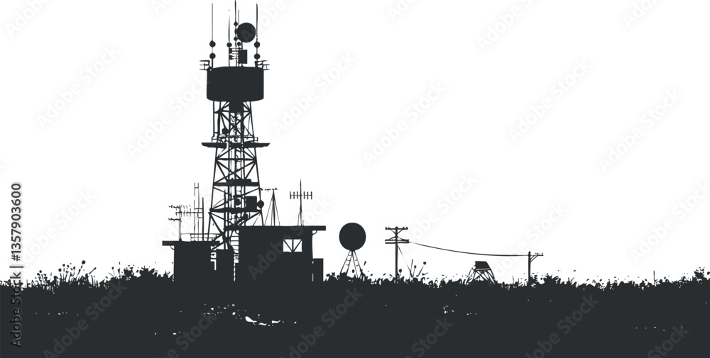 Silhouette of a communication tower with antennas against the sky. Silhouette of a communication tower with antennas against the sky.
