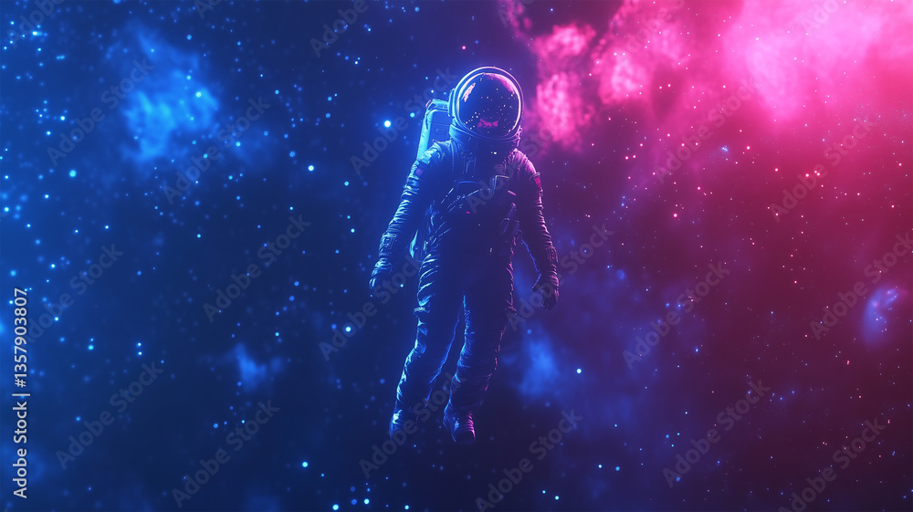 Obraz premium 宇宙に浮かぶネオンライトに照らされた宇宙飛行士