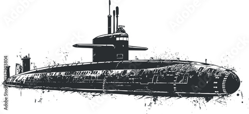 Black and white illustration of a detailed submarine design.