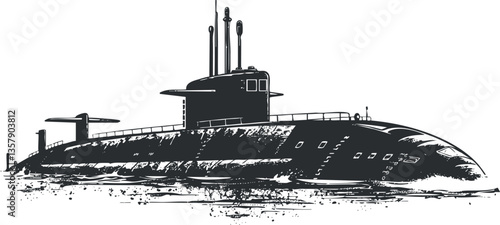Illustration of a submarine on the ocean surface, showcasing naval technology.