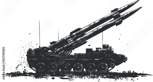 Silhouette illustration of military vehicle with missile launchers.