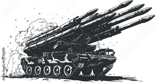 Illustration of a military vehicle with multiple missile launchers.