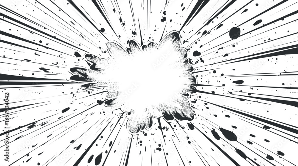 Obraz premium Dynamic black and white comic explosion illustration with ink splashes.