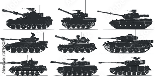 Silhouettes of various military tanks in different positions.
