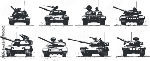 Illustration of eight tank silhouettes in black and white design.