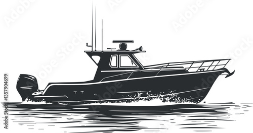 Silhouette of a motorboat cruising on the water with waves.
