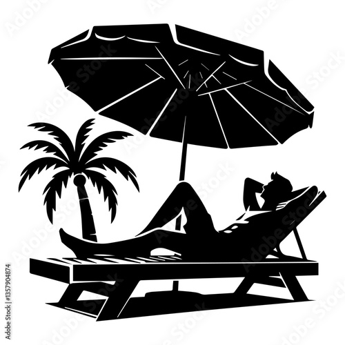 A black and white silhouette of a man relaxing on a chaise longue by the sea. Vector graphics. EPS.