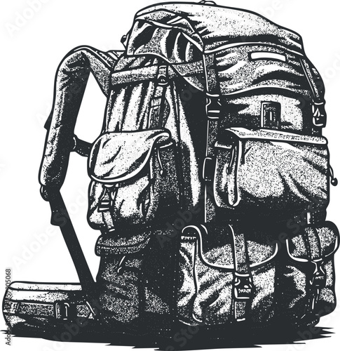 Illustration of a large hiking backpack with multiple compartments and straps.