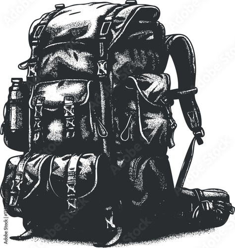 Illustration of a detailed hiking backpack with gear and accessories.