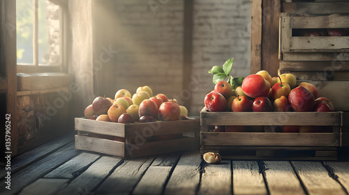 Wallpaper Mural Wooden crates of apples and plums stacked on a rustic wooden floor in a warm room with natural light. Torontodigital.ca
