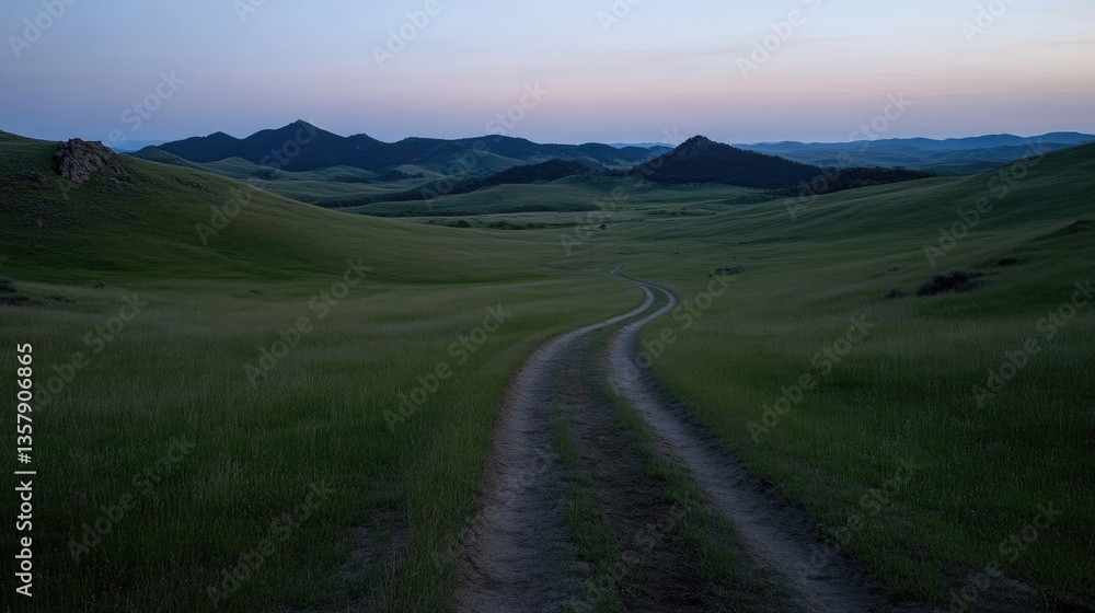 Serene country road winds through a grassy valley, nestled amidst rolling hills at twilight. A tranquil scene of nature's beauty Serene country road winds through a grassy valley, nestled amidst rolling hills at twilight. A tranquil scene of nature's beauty