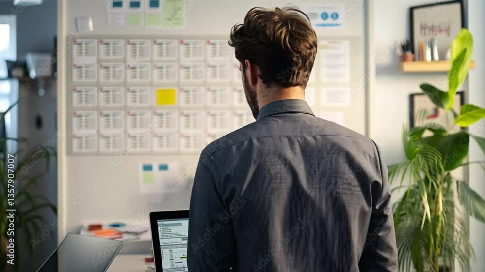 A man working on a laptop, reviewing information against a project timeline wall. A man working on a laptop, reviewing information against a project timeline wall.