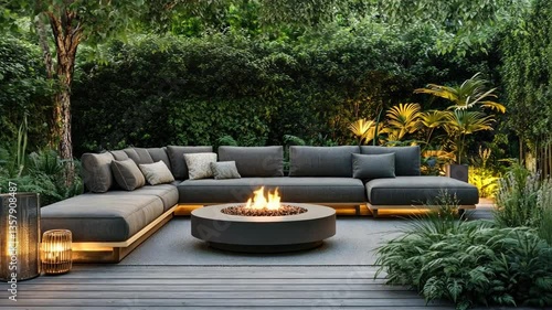 Serene Outdoor Patio with Sectional Sofa and Fire Pit