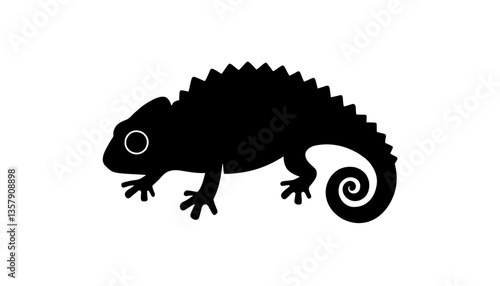 Minimalist black silhouette of a chameleon with curled tail and arched back