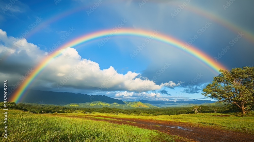 Naklejka premium A beautiful double rainbow spans across a scenic landscape vista