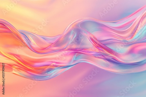 An iridescent fluid abstract image with vibrant colors in a smooth, flowing style on a soft gradient background. Vibrant holographic fluid colors flow abstractly. pastel pink. MZ 