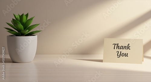 Thank you card next to a potted plant conveying appreciation and gratitude displayed in a bright and minimalistic office setting