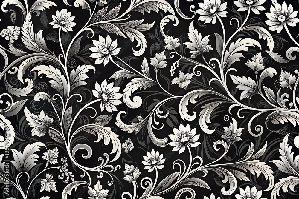 Seamless Black and White Floral Pattern with Intricate Botanical Elements, Elegant Swirling Vines, Decorative Foliage, and Vintage-Inspired Ornamental Details for Textile, Wallpaper, and Graphic Desig Seamless Black and White Floral Pattern with Intricate Botanical Elements, Elegant Swirling Vines, Decorative Foliage, and Vintage-Inspired Ornamental Details for Textile, Wallpaper, and Graphic Desig