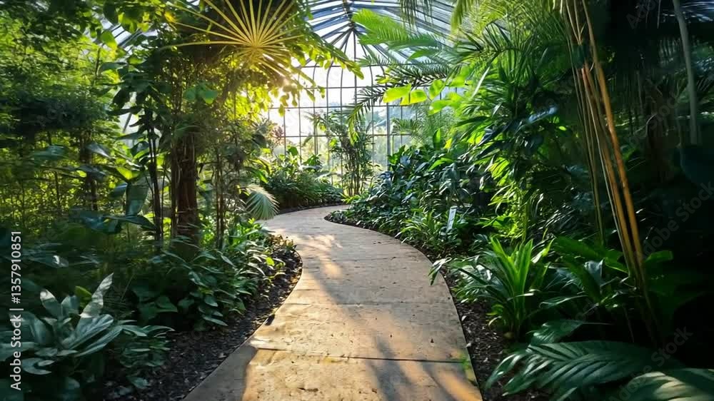 Sunlit Greenhouse Path, Lush Tropical Foliage, Tranquil Garden Sunlit Greenhouse Path, Lush Tropical Foliage, Tranquil Garden