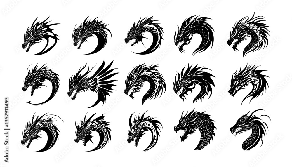 Fototapeta premium Black ink sketch dragons heads. Fantasy wyrm lizard drake scaled magic serpent, mythical legendary flying soaring beast, giant reptile dinosaur monster creature, isolated vector illustrations