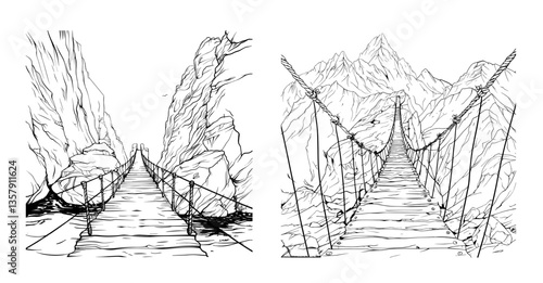 Black ink sketch rope bridge between two mountains. Suspension rocks footbridge, pathway horizon ropeway crossing view, swinging span overpass travel route, isolated vectors illustrations