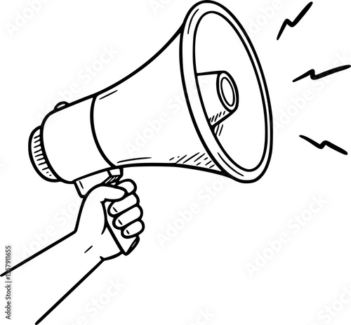 hand holding megaphone bullhorn outline illustration
