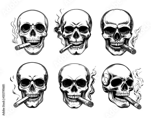 Black ink sketch smoking skull. Bad habit tobacco addiction, cranium dead bone head human remains smoke cigarette burn nicotine dependence abuse, isolated vector illustrations