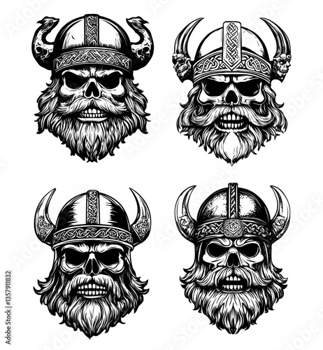 Black ink sketch viking skulls. Beared cranium in horns helmet armour, dead bone head human remains, ancient norseman raiders marauders scandinavian norse berserker living corpses zombies avatars