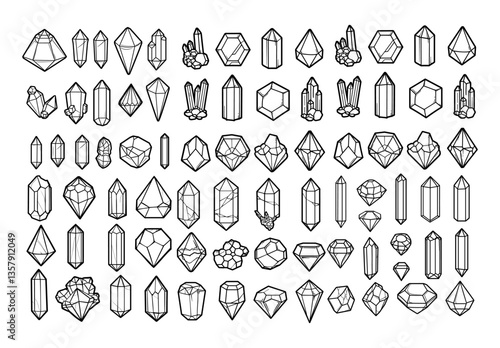 Black outline gems and crystals. Dimond brilliant carat sparkle jewelry stones, quartz glass cobblestones minerals monochrome linear sketch isolated vector illustrations