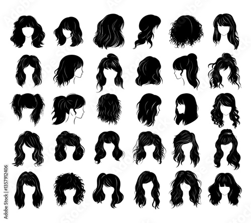Black woman different hairstyles. Hairdos updos long hair, buns locks and female ponytails, monochrome silhouettes of fashion girl haircuts isolated vector illustrations