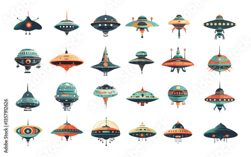 Cartoon alien space ships. Ufo saucers flying carriers galactic shuttles with antenna and radars, galaxy sci fi cosmic invaders travel starships spacecraft vessels isolated vector illustrations