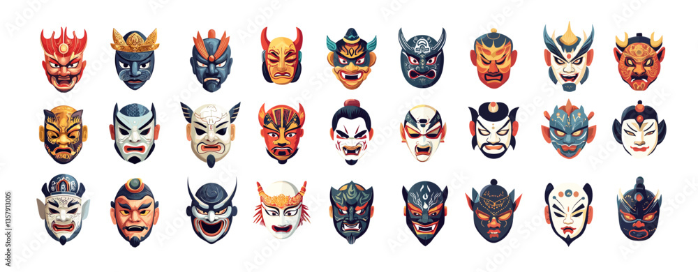 Cartoon asian demon masks. Tengu ancient japan fiend devil warriors, chinese ghosts old immortal kings monsters and spirits face covers accessories, isolated vector illustrations Cartoon asian demon masks. Tengu ancient japan fiend devil warriors, chinese ghosts old immortal kings monsters and spirits face covers accessories, isolated vector illustrations