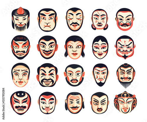 Cartoon asian masks. Japan chinese kabuki traditional ceremonial cult face cover accessories, king demon prince princes queen theatre actor avatars characters, isolated vector illustrations