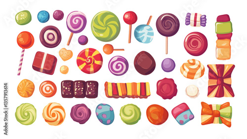 Cartoon candies. Elastic caramel chocolate treats, chewing gum bubble pads, sugar puffs chewy pillows candy balls, yummy delicious confectionery sweets isolated vector illustrations