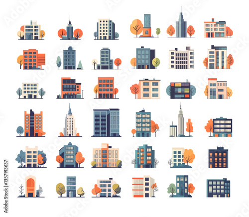 Cartoon buildings. Modern urban multi apartment skyscrapers, country cottages real estate houses, city municipal towers and administration establishments, isolated vector illustrations
