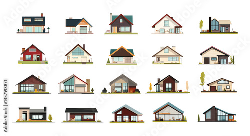 Cartoon countryside cottages. Modern real estate houses, bungalows rural area village lodges chalets homesteads timber buildings, isolated vector illustrations