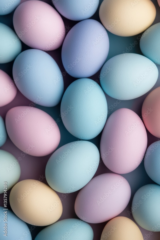Delightful background of solid colored matte easter eggs in pastel toned ice cream colors, generative AI
