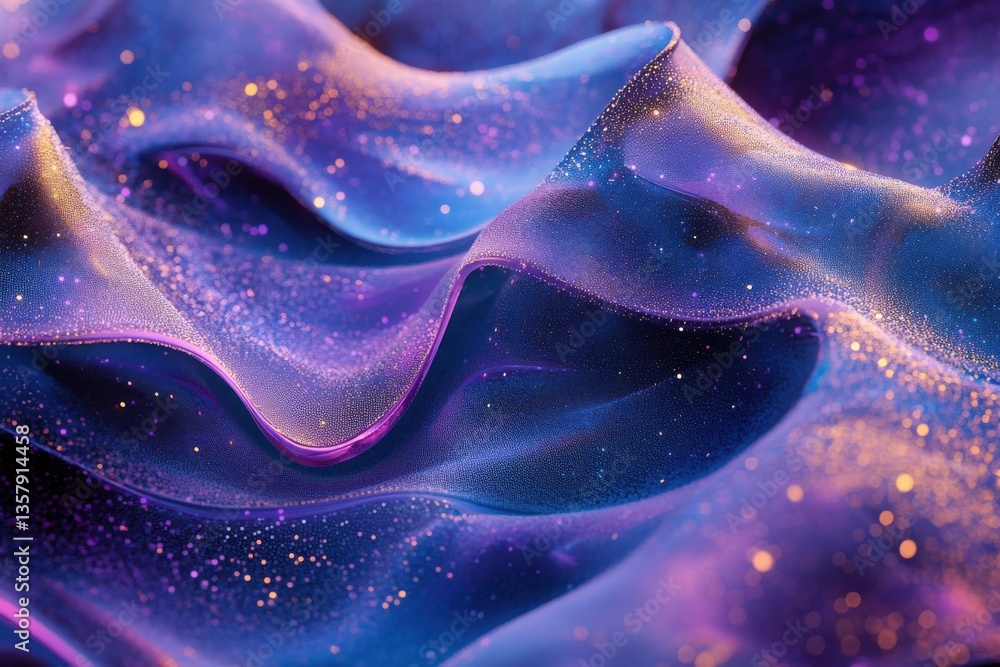 Obraz premium A cosmic nebula of shimmering, flowing fabrics in deep blues and purples, sprinkled with golden stardust, creating a dreamy, ethereal landscape.
