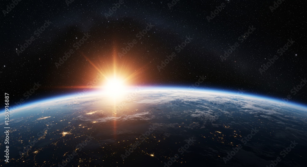 Obraz premium Sunrise over Earth from Space with Stars in Background 