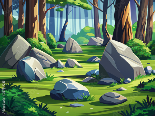 vector of  Granite stones lie on a forest lawn.