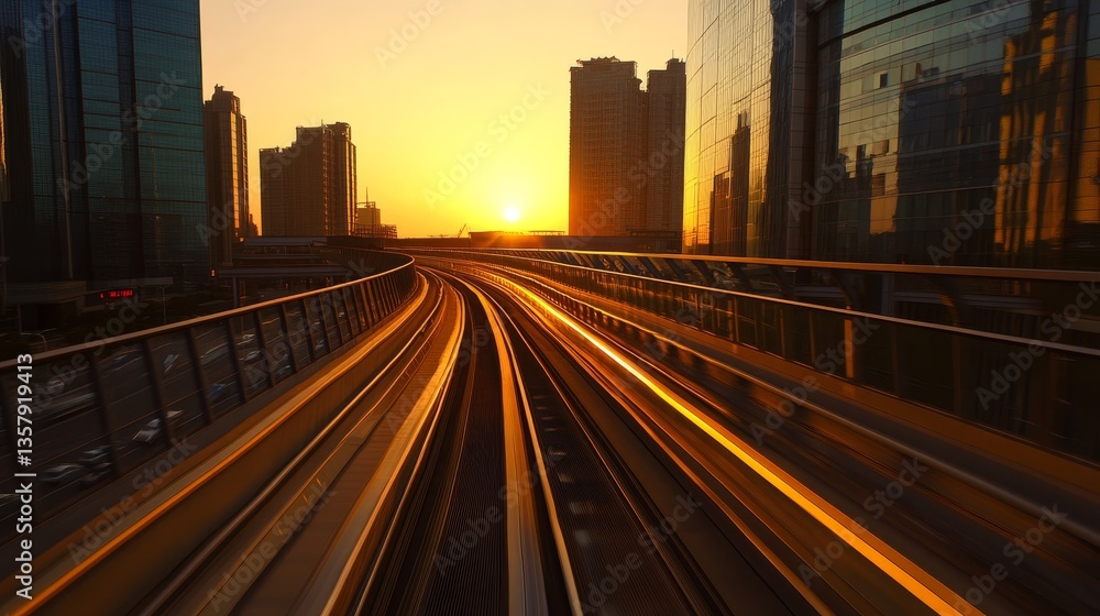 Sunset over a modern city skyline with train tracks reflecting warm light and tall buildings Sunset over a modern city skyline with train tracks reflecting warm light and tall buildings