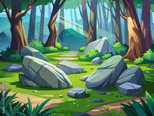 vector of  Granite stones lie on a forest lawn.