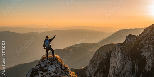 A happy man hikers standing with arms up on the mountain top celebrates successful completed hiking route with a panorama landscape, adventure travel. Concept of success, win, reaching a goals.