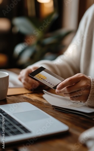 A person is shown holding a credit card in front of a laptop, possibly conducting an online transaction